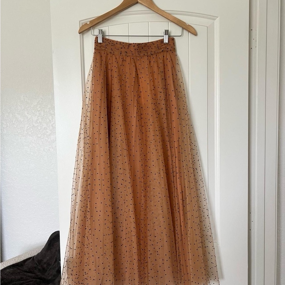 Sezane Tan Tulle Maxi Skirt with Black Polka Dots